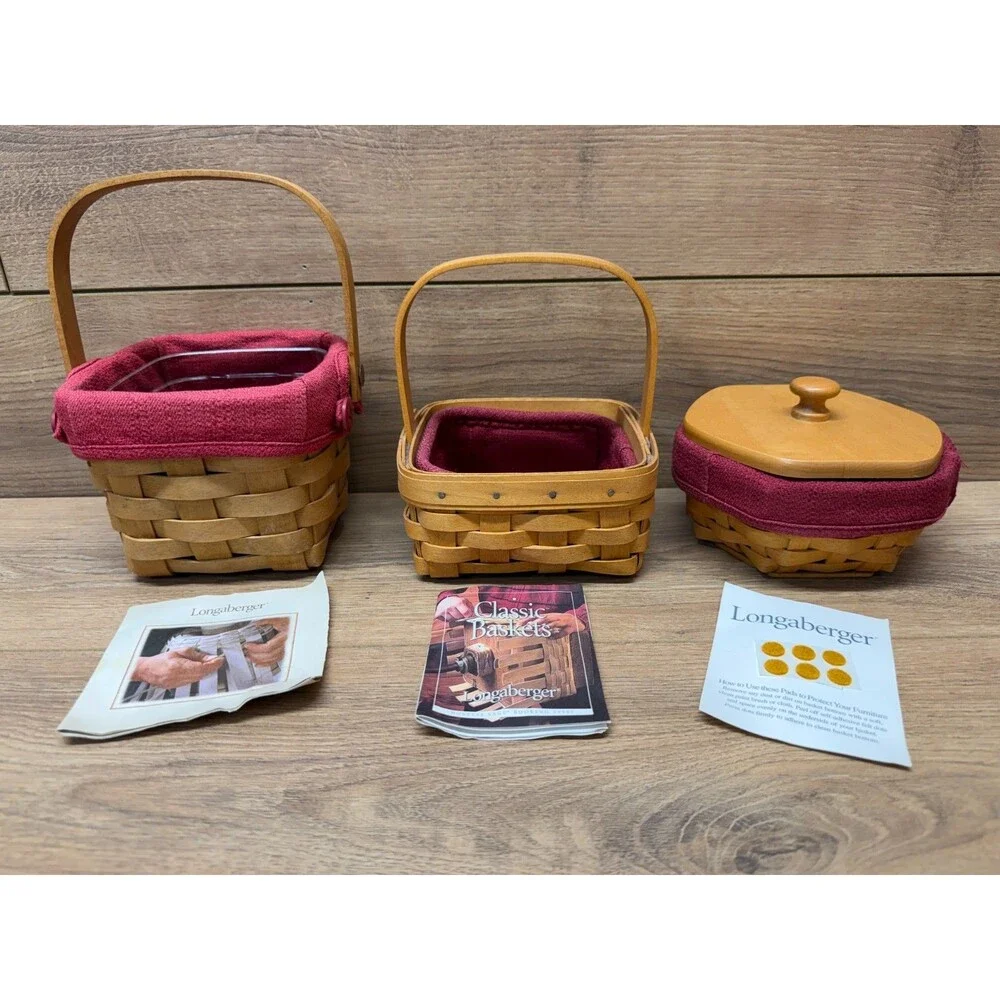 Longaberger 2001-03 Lot of 3 Various Size Baskets w/ Cloth Liners & 1 Lid